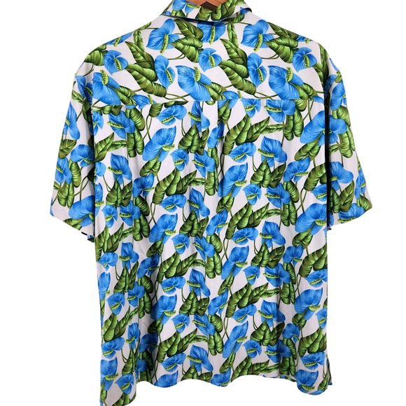 Jos A Bank Silk Camp Shirt Tropical Floral Blue Green Short Sleeve Button Up L - Picture 2 of 9